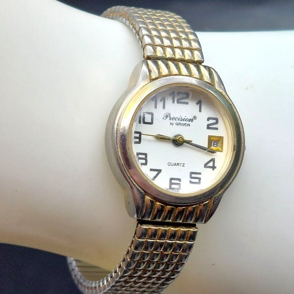 Vintage Gruen Precision Quartz Ladies Date Watch With Stretch Band Stainless Ste main image 6